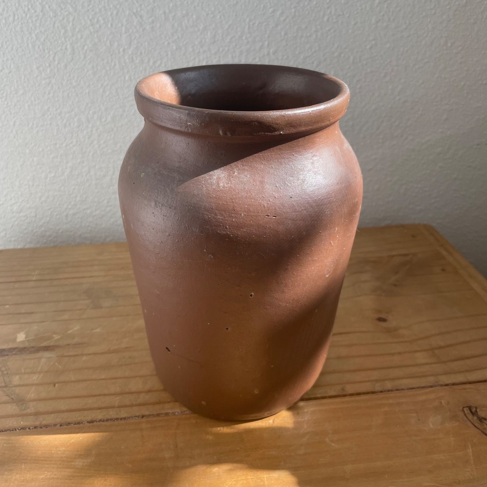 Antique Unglazed Redware Earthenware Primitive Crock Storage Jar 8" Matte Brown